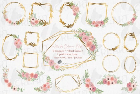 Elegant Watercolor Blush Bouquets and Gold Frames